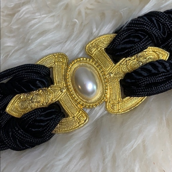 Vintage 80s Black Rope Gold Buckle Faux Pearl waist belt hook loop closure women main image 8
